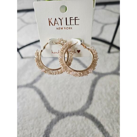 Kay Lee Gold Beaded Hoop Earrings New - Picture 3 of 4